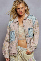 POL Floral Jacquard and Denim Quilted Stitched Jacket in Soft Pink Multi