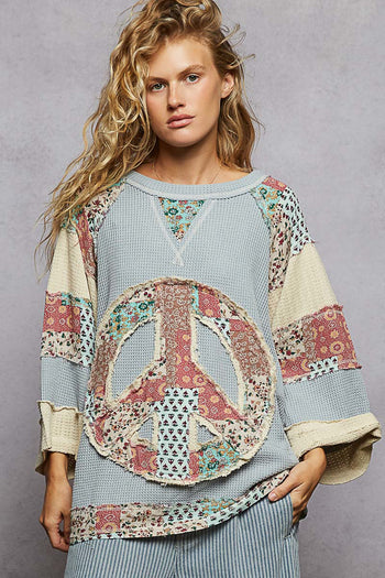 POL OVERSIZED Thermal Knit Top with Peace Sign Patched Front in Powder Blue