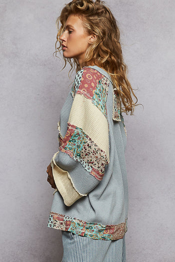 POL OVERSIZED Thermal Knit Top with Peace Sign Patched Front in Powder Blue