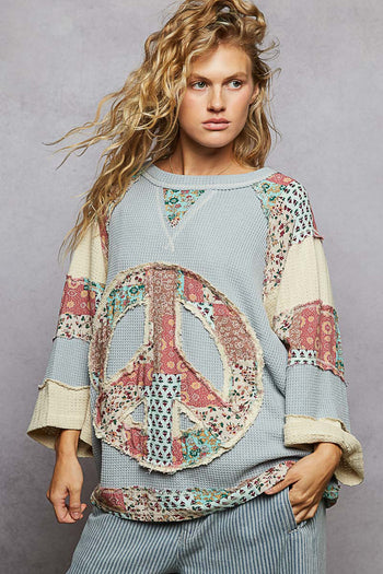 POL OVERSIZED Thermal Knit Top with Peace Sign Patched Front in Powder Blue