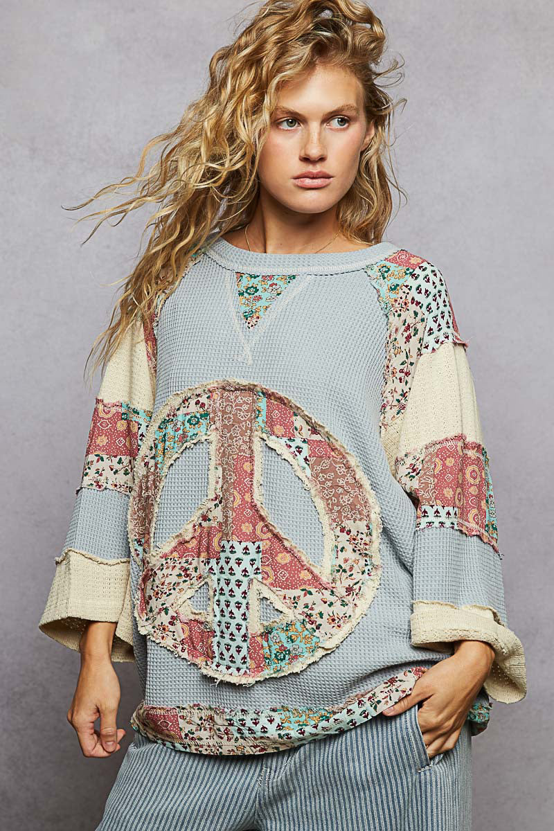 POL OVERSIZED Thermal Knit Top with Peace Sign Patched Front in Powder Blue