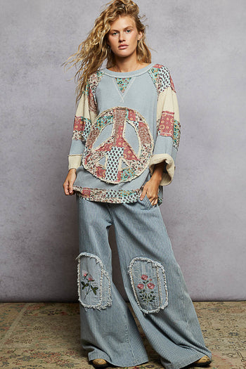 POL OVERSIZED Thermal Knit Top with Peace Sign Patched Front in Powder Blue