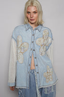 POL Denim Top with Crochet Sleeves and Floral Print Flower Patches in Denim