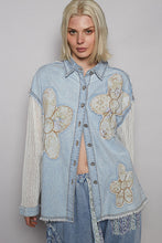 Load image into Gallery viewer, POL Denim Top with Crochet Sleeves and Floral Print Flower Patches in Denim
