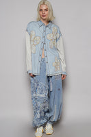 POL Denim Top with Crochet Sleeves and Floral Print Flower Patches in Denim