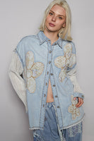POL Denim Top with Crochet Sleeves and Floral Print Flower Patches in Denim