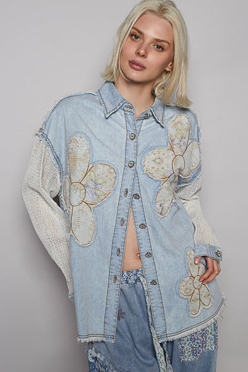 POL Denim Top with Crochet Sleeves and Floral Print Flower Patches in Denim