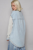 POL Denim Top with Crochet Sleeves and Floral Print Flower Patches in Denim