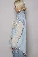 Load image into Gallery viewer, POL Denim Top with Crochet Sleeves and Floral Print Flower Patches in Denim
