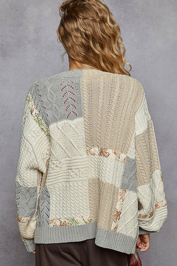 POL Mix N Match Patchwork Cardigan in Natural/ Grey