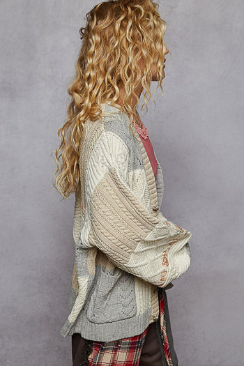 POL Mix N Match Patchwork Cardigan in Natural/ Grey