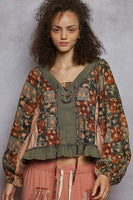 POL Mixed Print Peasant Top in Charcoal Multi