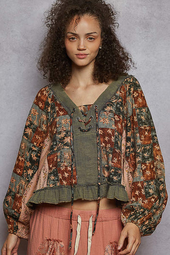 POL Mixed Print Peasant Top in Charcoal Multi