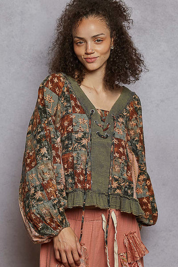 POL Mixed Print Peasant Top in Charcoal Multi