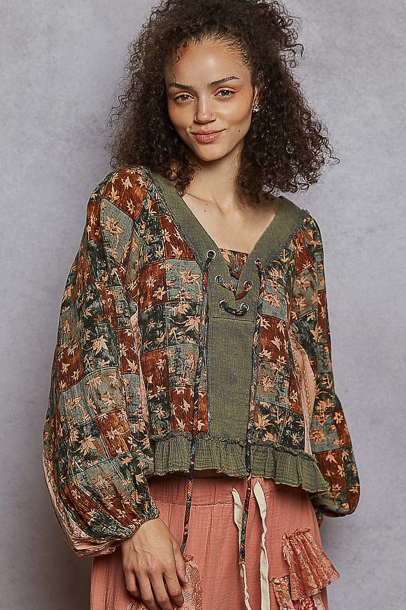 POL Mixed Print Peasant Top in Charcoal Multi