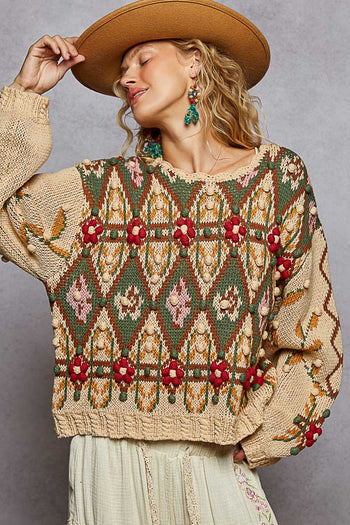 POL 3D Detailed Aztec Knit Sweater in Mocha Mousse ON ORDER