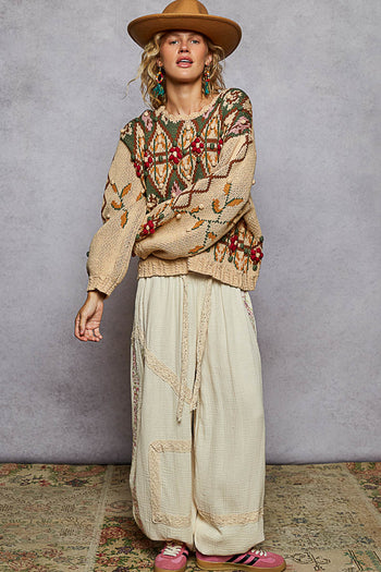 POL 3D Detailed Aztec Knit Sweater in Mocha Mousse ON ORDER