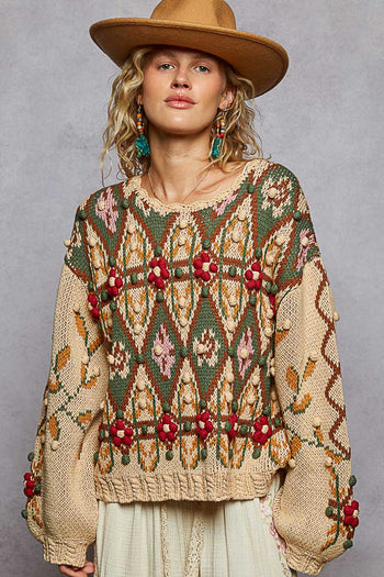 POL 3D Detailed Aztec Knit Sweater in Mocha Mousse ON ORDER