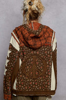 POL Mixed Print Patchwork Jacket with Star and Peace Sign Patches in Choco