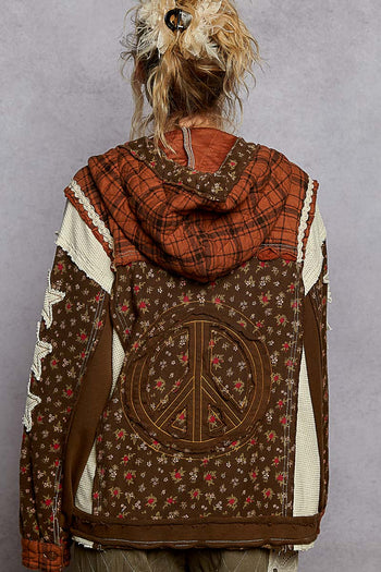 POL Mixed Print Patchwork Jacket with Star and Peace Sign Patches in Choco