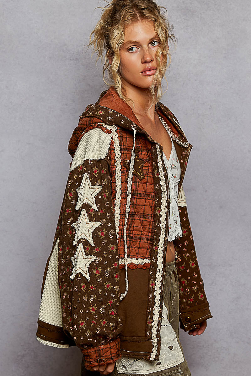 POL Mixed Print Patchwork Jacket with Star and Peace Sign Patches