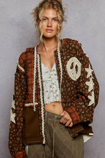 POL Mixed Print Patchwork Jacket with Star and Peace Sign Patches in Choco
