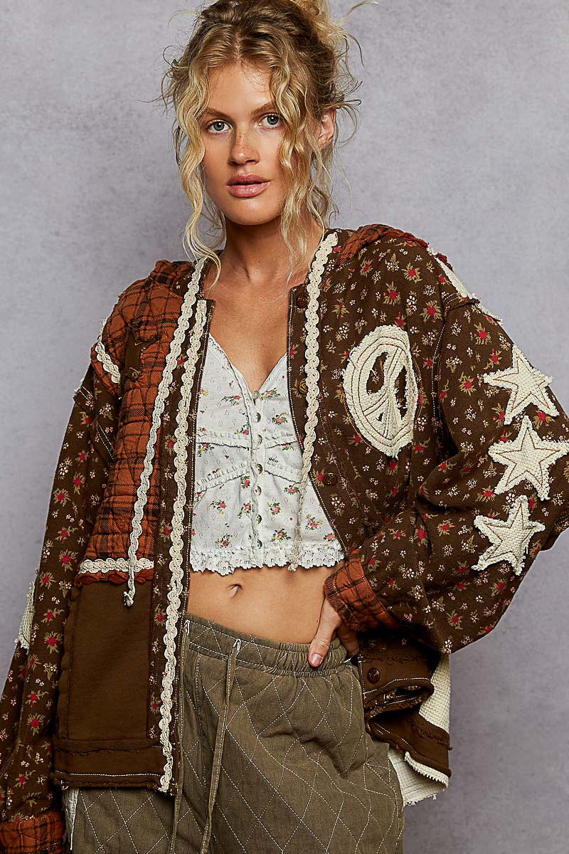 POL Mixed Print Patchwork Jacket with Star and Peace Sign Patches