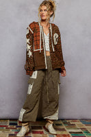 POL Mixed Print Patchwork Jacket with Star and Peace Sign Patches in Choco