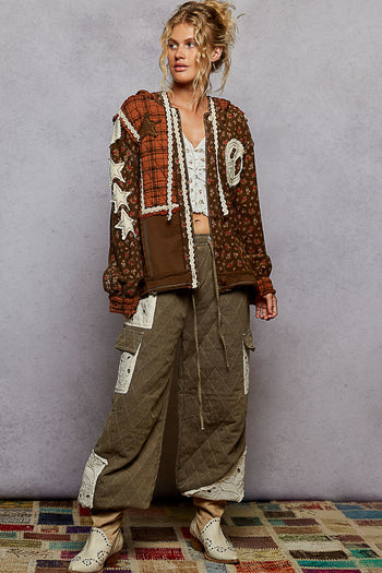 POL Mixed Print Patchwork Jacket with Star and Peace Sign Patches in Choco