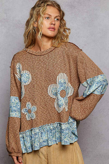 POL OVERSIZED Ribbed Knit Top with Contrasting Flower Patches in Rustic Brick
