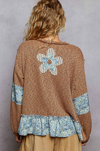 POL OVERSIZED Ribbed Knit Top with Contrasting Flower Patches in Rustic Brick
