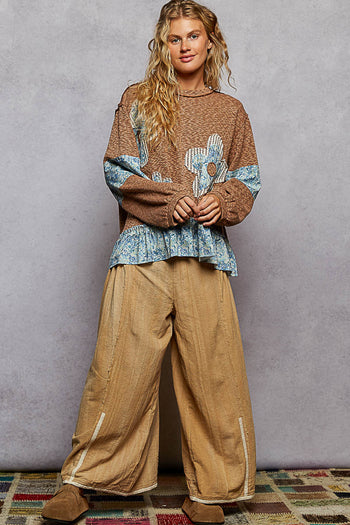 POL OVERSIZED Ribbed Knit Top with Contrasting Flower Patches in Rustic Brick