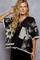 POL Ribbed Knit and Lace Top with Mixed Patches in Black ON ORDER