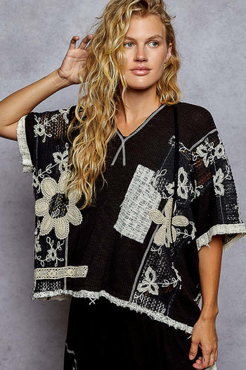 POL Ribbed Knit and Lace Top with Mixed Patches in Black ON ORDER