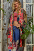 POL Mixed Print Patchwork Open Front Cardigan in Taupe Pink Multi