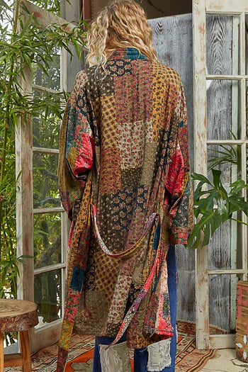 POL Mixed Print Patchwork Open Front Cardigan in Taupe Pink Multi