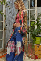 POL Mixed Print Patchwork Open Front Cardigan in Taupe Pink Multi