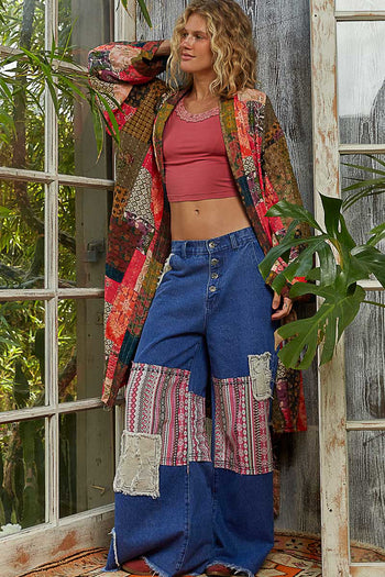 POL Mixed Print Patchwork Open Front Cardigan in Taupe Pink Multi