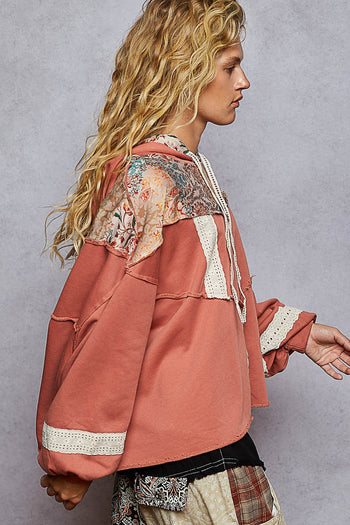 POL French Terry and Print Patch Hooded Top in Ginger Spice