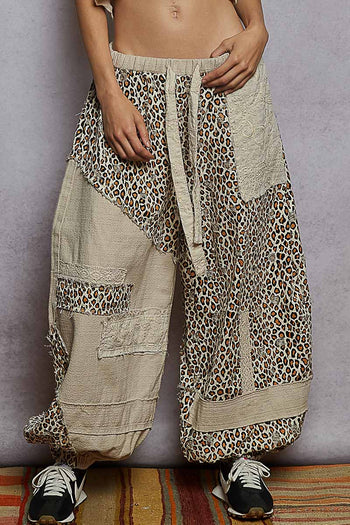 POL Woven Leopard Print Patchwork Joggers in Almond