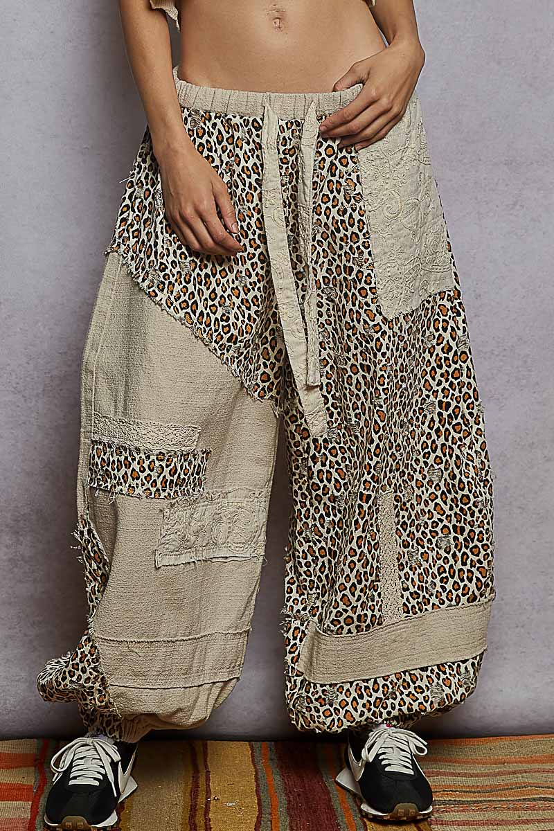 POL Woven Leopard Print Patchwork Joggers in Almond