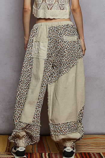 POL Woven Leopard Print Patchwork Joggers in Almond