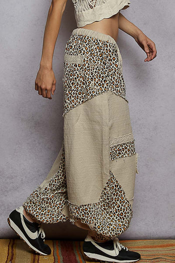 POL Woven Leopard Print Patchwork Joggers in Almond