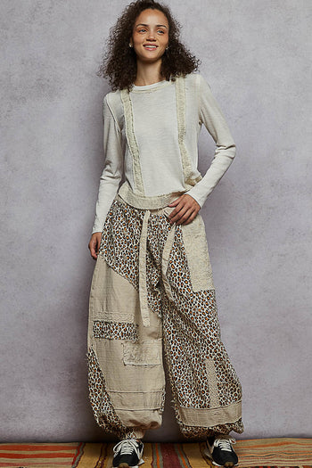 POL Woven Leopard Print Patchwork Joggers in Almond