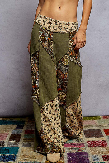 POL Double Gauze Patchwork Pants in Olive ON ORDER