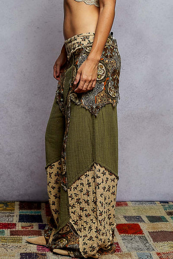 POL Double Gauze Patchwork Pants in Olive ON ORDER