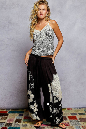 POL Ribbed Knit and Lace Joggers with Mixed Patches in Black ON ORDER