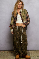 POL Mixed Print Button Down Top in Black/Olive