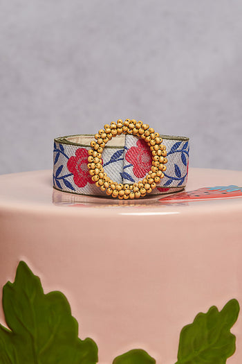 POL Floral Wood Beaded Buckle Belt in Blue/Pink