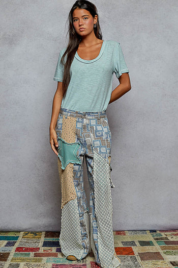 POL Relaxed Fit Twill Patchwork Pants in Blue/Sand